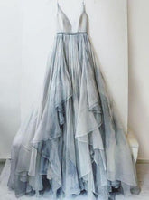 Backless Spaghetti Straps V-Neck Printed Ombre Ruffles Chiffon Long Prom Dress